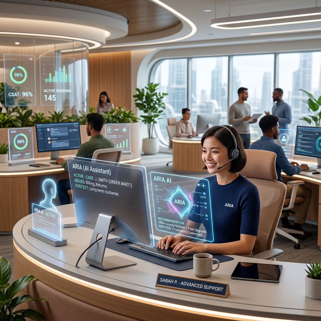 A futuristic customer support center in 2026 showing AI and humans working together.